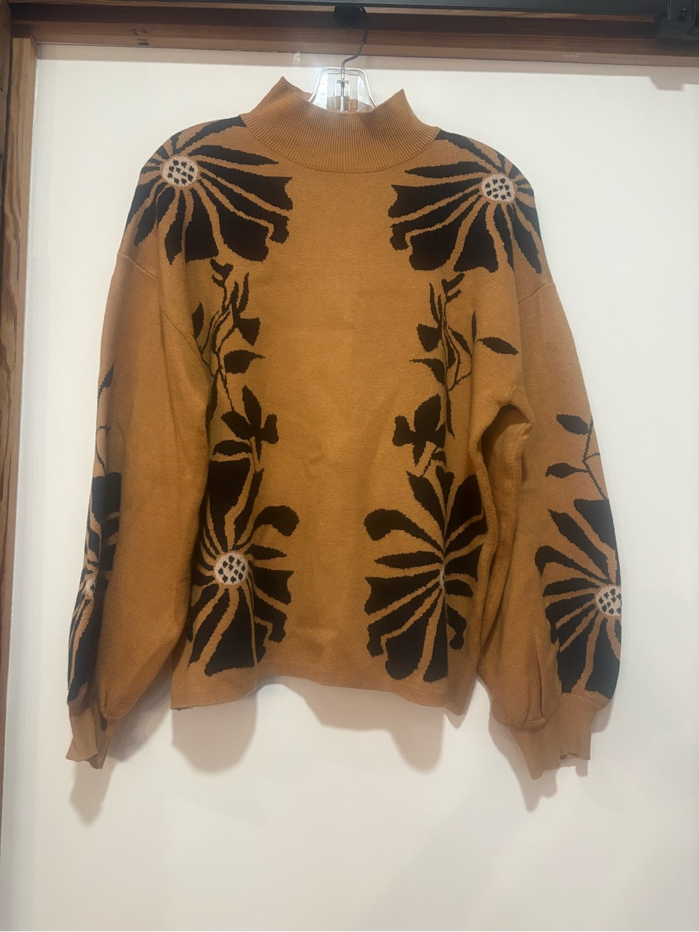 entro Brown Turtleneck Sweater with Black Floral Jacquard